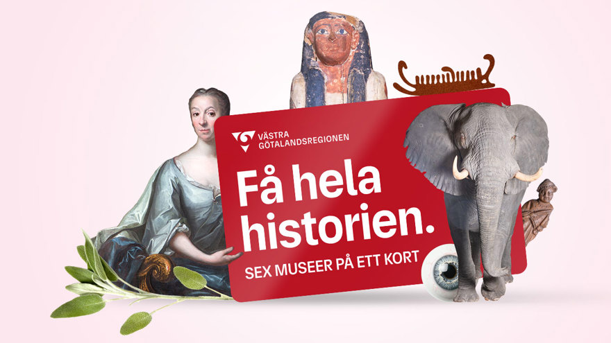 Ett rött årskort med vit text för VGRs sex museer.